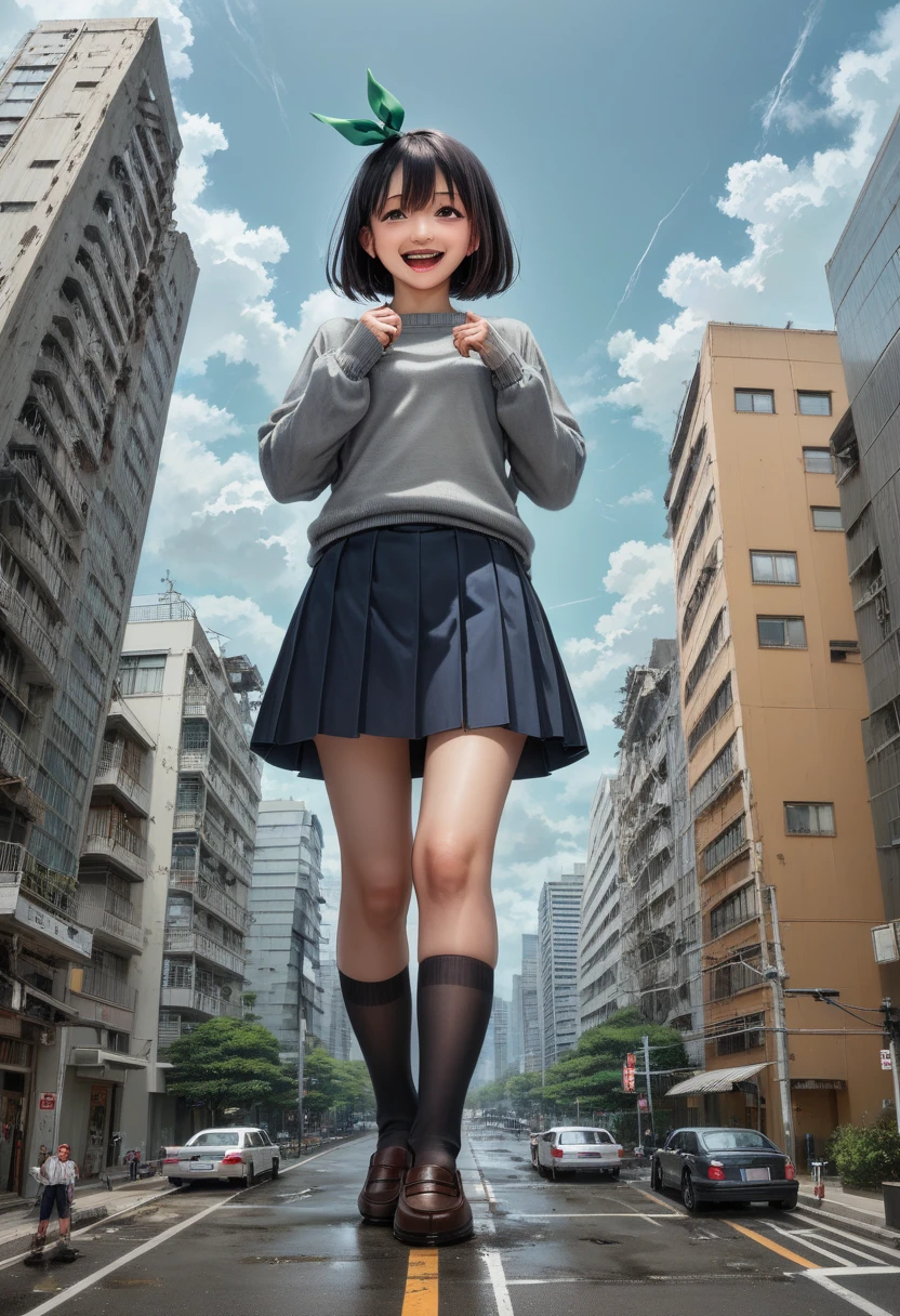 巨大なchild、Super giant girl、child、girl、giantess、Realistic、Japanese women、Navy blue grey sweater、Beautiful Face、model、Navy Skirt、Green ribbon、Brown loafers、A woman bigger than the building、smile、Laughing with your mouth open、Villainess、Miniature city、Destroyed city view、Small breasts、short hair、Dark Sky、Dark Imagery、Miniature cityにしゃがみ込む巨人娘、Detailed Description、High resolution、Black Cloud、lightning、thunder、Hurricane