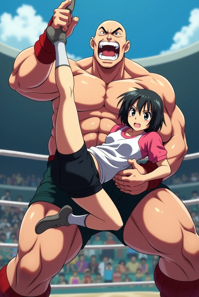 mai shirnui, Hug with male people，Muscle wrestler，、score_9, score_8_upper, score_7_upper, score_6_upper, score_5_upper, score_4_upper、Inspired by Japanese manga style, Manga style, How to draw manga, Digital drawing, An 8K masterpiece depicting a Japanese manga about girls in their twenties, Act as a slave, Anguished expression, A gesture of defeat, Torn clothes and black jilbab, Hands restrained by chains, spread, Sit upright on the stone pavement. Surrounded by a crowd of women. Face full of scars、Skin shiny with sweat、、 crying wet bursting out eyes, real tears streaming down face, ultra-detailed eyes,,expression of despair,Illumination that emphasizes shiny sweat{{{Spread }}},Infuriated, bandaid on face,tatteredclothing