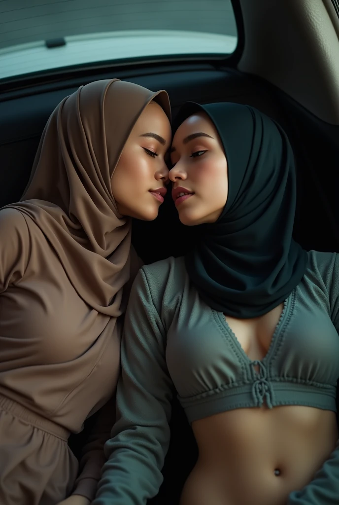 extreme close up of two beautiful teacher hijab indonesian lesbian girl laying down,bra and panties,hugging,french kiss,lesbian sex,,in a car