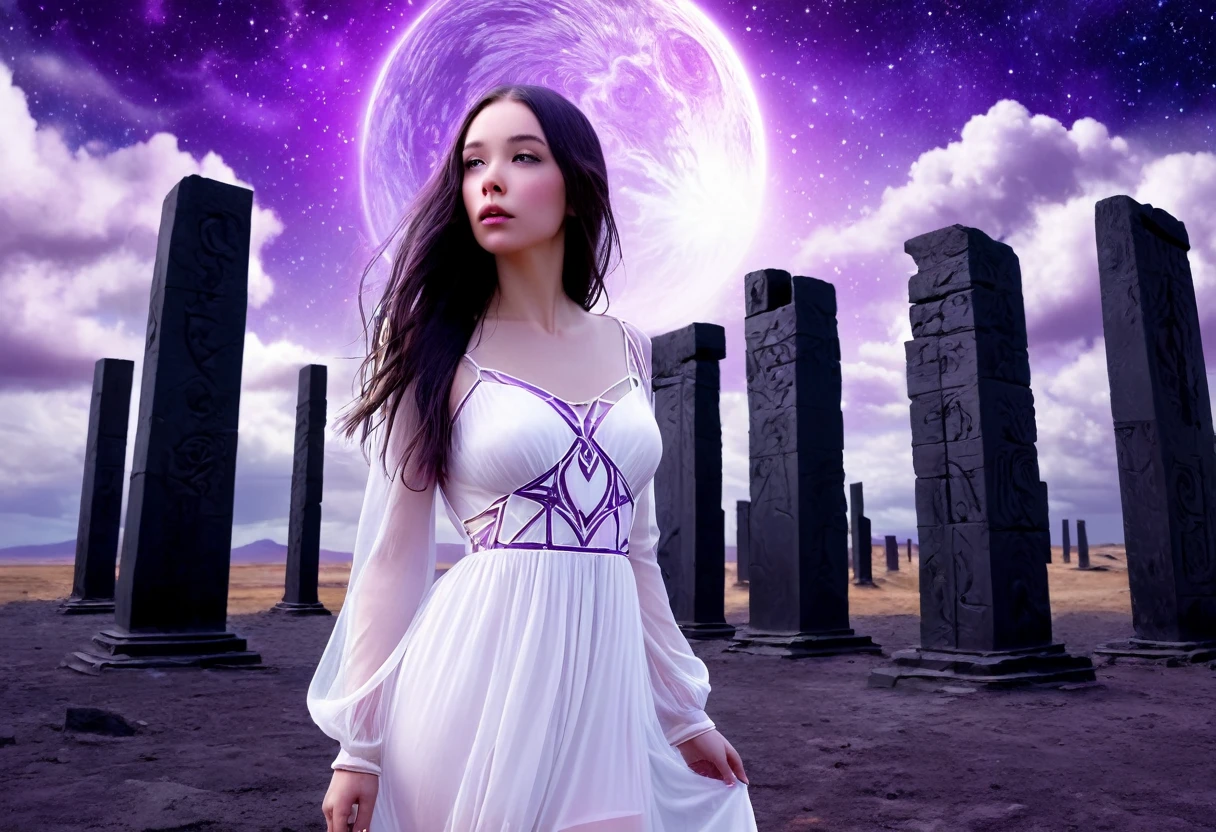 A cute woman (sheer white dress) a strong wind is blowing, she is confused standing among ancient black structures engraved with violet glowing runes, strange stars hang in an alien sky
