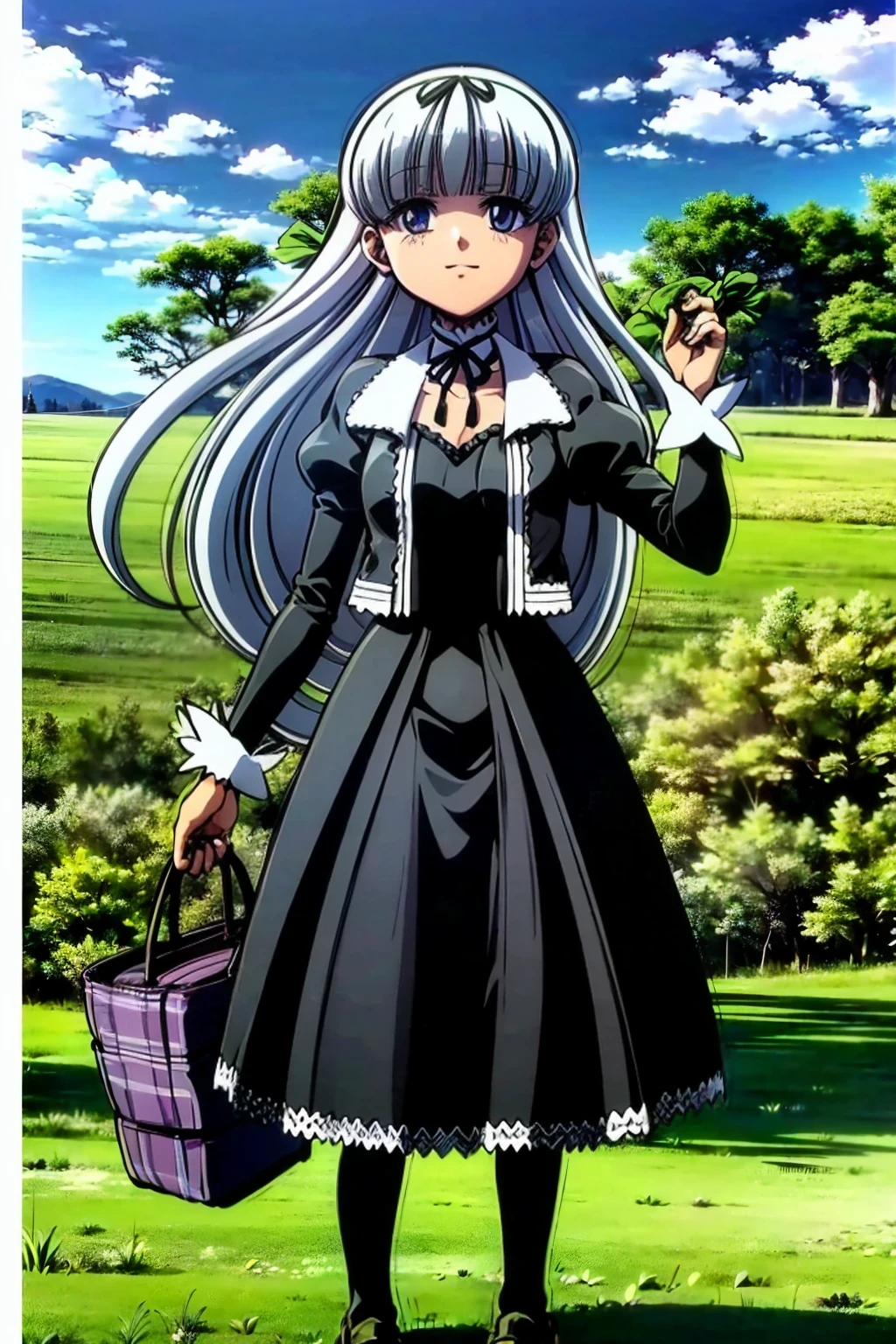 (masterpiece:1.3),(highest quality:1.4),(Super detailed:1.5),16k,High resolution,an extremely delicate and beautiful,Official Art,Perfect Anatomy,(anime_screencap,anime coloring:1.5),(1990s \(style\),retro artstyle,Cel-shaded anime:1.4),(1girl:1.5),(anmnr:1.1),
(Gretel,Gretel,black gothic dress,skirt,hair ribbon,silver hair,long sleeves,pantyhose,loafers:1.32),(having a basket for lunch:1.1),(in a meadow,blue sky:1.5),