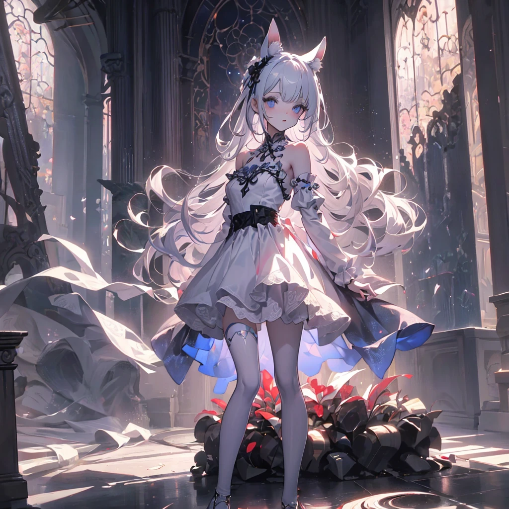 silver hair, dog ears, white dress,wavy hair,delicate features quiet gaze,beautiful half body illustration,beautiful backgraund,atmospheric lighting,sharp focus,vlumetric lighting,cute face,reduce saturation,fine detailed face,small nose and mouth,volumetric top lighting,bold line painting, soft shadow,((masterpiece, best quality)), (1girl), (solo), (female focus),small breasts,flat tits,Lolita,short height,skinny girl,blue eyes,open legs,animal ears,
