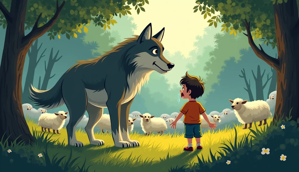 Text/Voiceover Prompt: "The boy learned too late: If you lie too often, no one will believe you when it matters."Visuals: The boy sitting sadly as the wolf attacks the flock, showing regret.