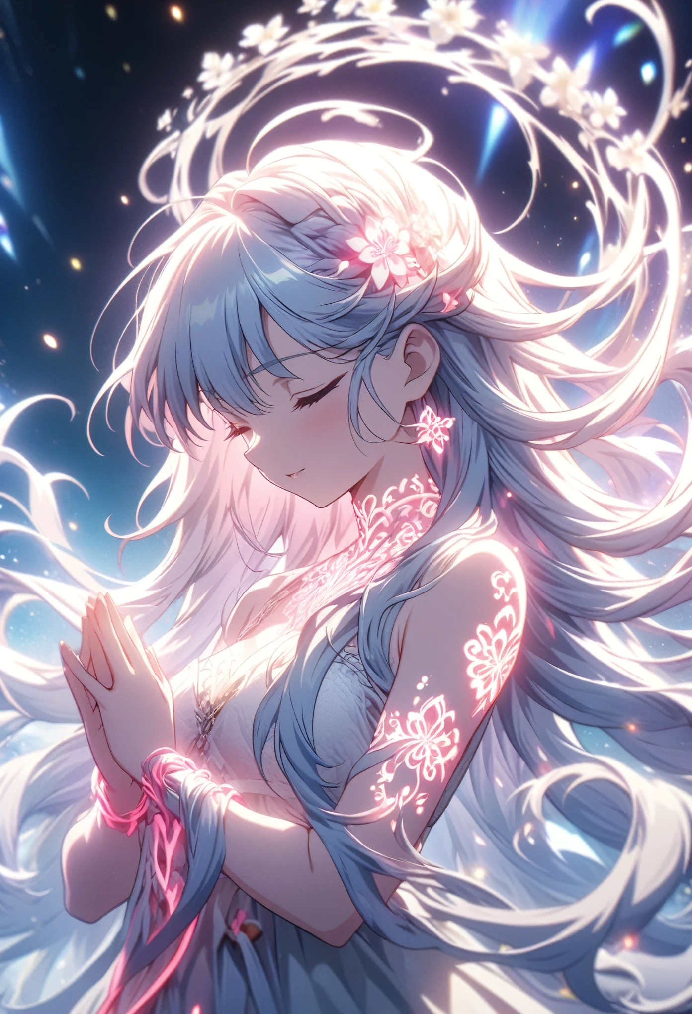 Masterpiece, best quality, highly detailed CG Unity 8k wallpaper, anime screenshots, female anime character wrapped in neon thick chains. Art of a female anime character with a red and white glowing neon flower tattoo and chains spiraling all over her body. There's a nice soft-focus effect in this scene with the flowing hair, highlighting the magical glow of the tattoo. Close your eyes and pose in prayer.