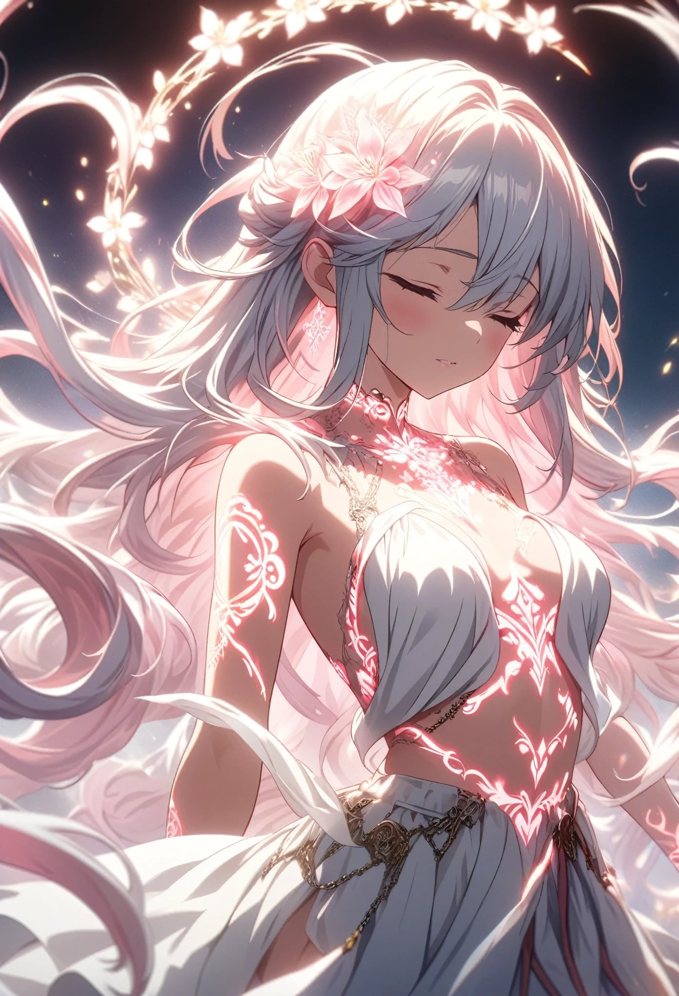 Masterpiece, best quality, highly detailed CG Unity 8k wallpaper, anime screenshots, female anime character wrapped in neon thick chains. Art of a female anime character with a red and white glowing neon flower tattoo and chains spiraling all over her body. There's a nice soft-focus effect in this scene with the flowing hair, highlighting the magical glow of the tattoo. Close your eyes and pose in prayer.