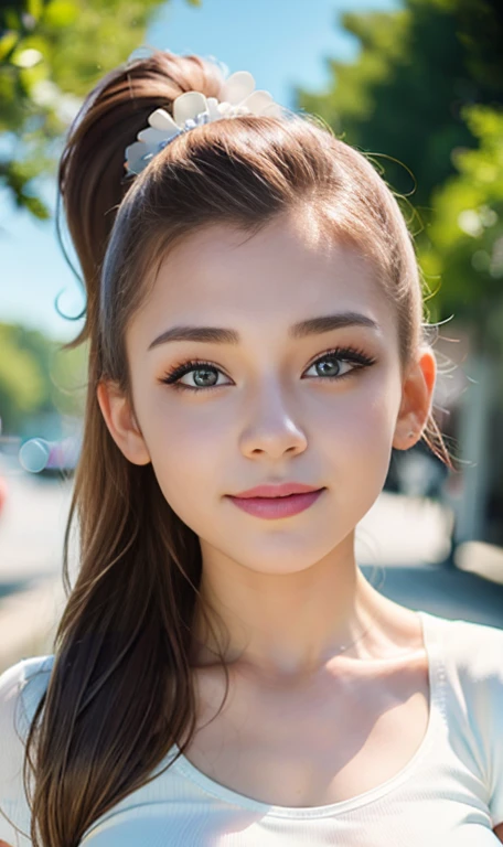 Photo of a -old amean girl, .RAW, beautiful teenage girl, (Long brown hair with ponytail), light brown hair ponytail hairstyle((portrait)), ((detailed face:1.2)), ((detailed facial features)), (finely detailed skin)  , (Tabletop) (perfect proportions realistic photos)(The best quality) (detailed) photographed with a Canon EOS R5, 50mm lens, f/2.8, NffSW, (8k) (wallpaper) (cinematic lighting) (Dramatic lighting) (sharp focus) (Convoluted) medium breasts , medium breasts , many freckles on cheeks and nose , freckles on chest, Whole body , beautiful teenage body,  cute makeup , big smile  , statuesque thin girl , blue eyes , wear white short sleeve shirt , pink flower on shirt , yellow flada with pictures of paintings , mocacines cafes , White socks , Luan Loud , linda sonrisa , alegre , cuerpo completo 