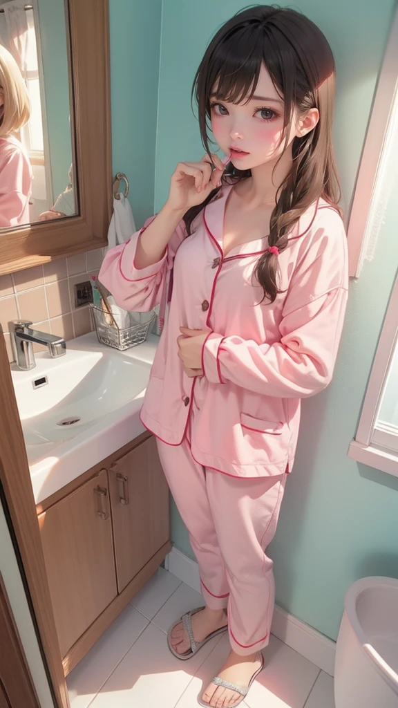 Girl brushing teeth standing in front of bathroom mirror、bright light、Casual short pajamas 