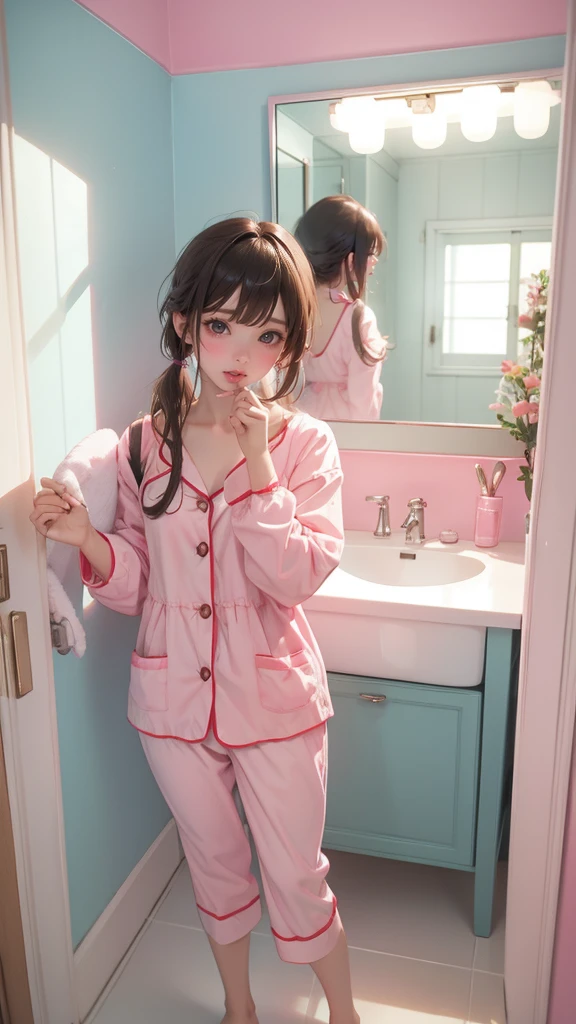 最佳质量,nmasterpiece,UltraHighResolution,(fidelity:1.4),Original photo,Luxurious interior,Cartoon pajamas,petite ,1 yogirl,(for 6 years hone,cinematic lighting,Watery eyes