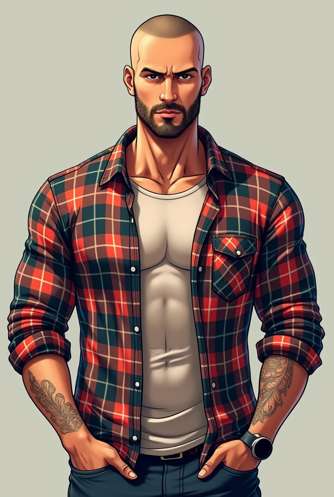 parameters: topless male, solo, (young), Indonesian guy, semi-realistic illustration of a lumberjack, dark skin, sweat, beard, body hair, small waist, broad shoulders, chisled jawline, asthetic muscular physique, open shirt, open jeans, red flannel shirt, huge crotch bulge, masculine, inside stable's, masterpiece, best quality, high-res, medium full-body shot, looking at viewer, by chunie and Taran Fiddler, naked, cowboy, full-quarter body shot,