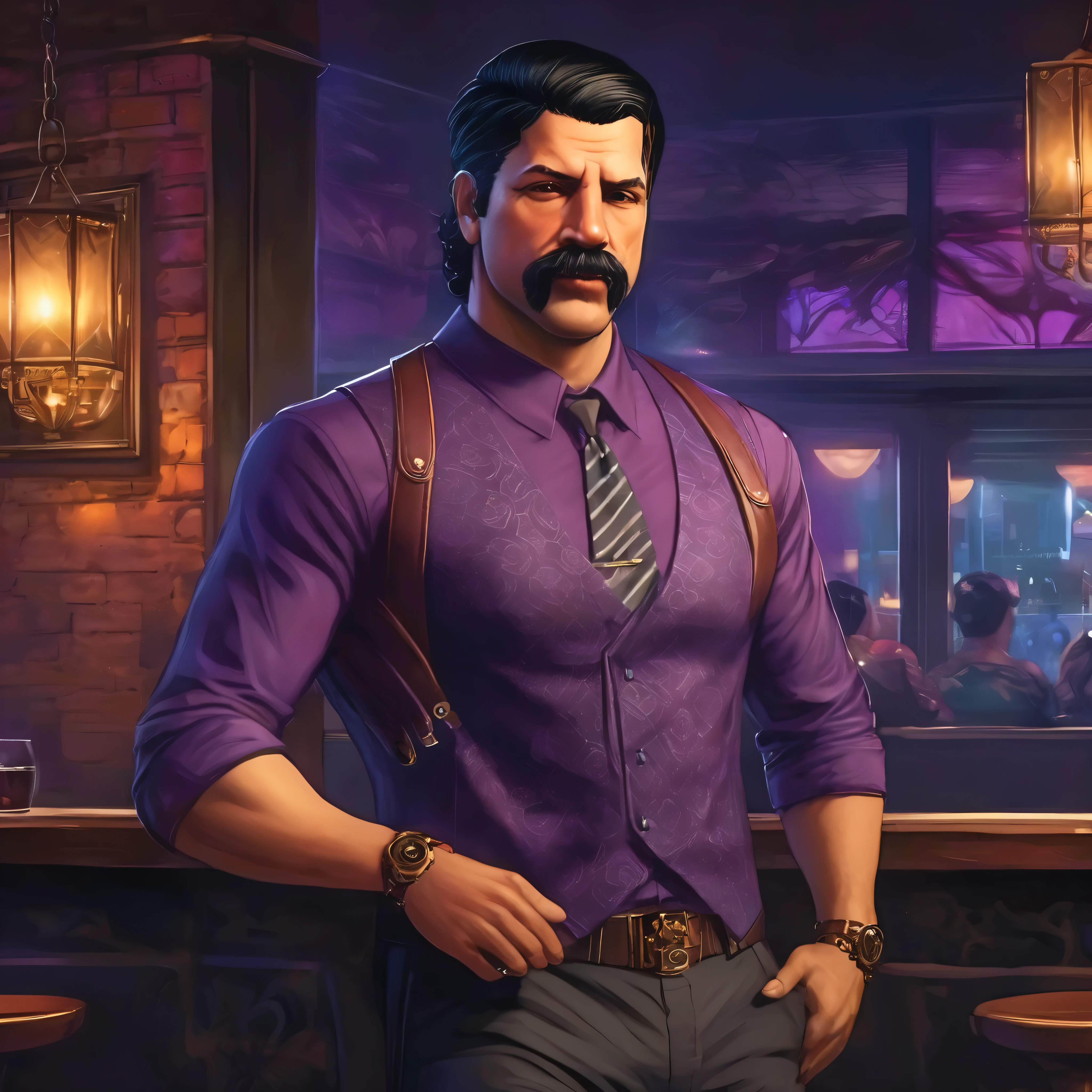 (obra maestra, Mejor calidad:1.2), 1 chico, thenahualli, serious, dangerous man, elegant, elegante, he is a gangster, purple shirt, standing, luxury restaurant, high class restaurant, indoor, Costa Rica, night, midnight, (((realistic, detailed, photorealistic)))