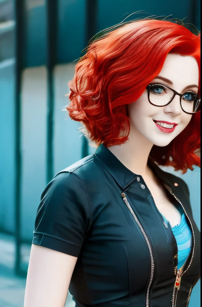 there is a woman with red hair and glasses standing in front of a building, soviet style cyberpunk, redhead female cyberpunk, anna nikonova aka newmilky, molly from neuromancer, cyberpunk))), with glasses, molly from the novel neuromancer, russian and japanese mix, in cyberpunk style, 🌺 cgsociety, wearing japanese techwear, yelena belova