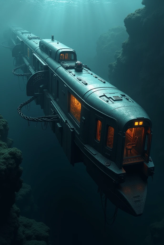 (train,misteryous, train under water, steampunk style, in the ocean, surrealism, masterpiece),train track, night, submerged, bottom of the ocean, fishs, high details, nature, artistic, contrast,shadows, gorgeous, old, cinematic,centralized, high details, BREAK symetric, gorgeous,, perfect, depth, windy, happy, freedom, magicle, impossible, traced lights, corals,scary, realistic, rtx,