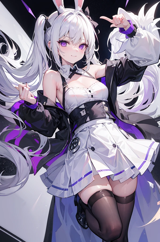 Face_through_torso, 1girl, uneven_twintails(white hair, messy_hair, hair_between_eyes), purple eyes, no_eyelight, small_breasts, ecstasy_face, insane_expression, smiling_with_teeth, wearing_white_sleeveless_shirt, black_cardigan_with_white_rabbit_embroidery, gray_skirt, two_dagger_sheaths_on_each_side_of_skirt