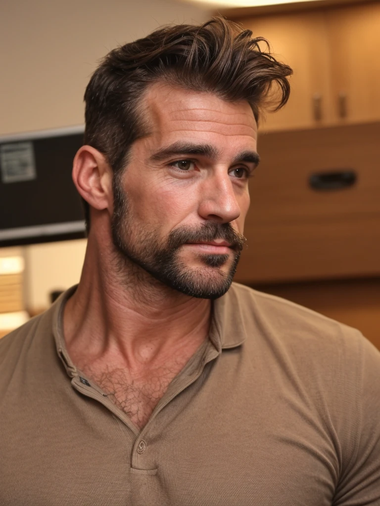 hair, portrait of a ruggedly handsome gentleman, muscular, half body, masculine, mature, Retrato de un joven, Muscular very handsome and attractive italian men, A 40 years old male, Retrato de un joven, real, ( Man in the office ), business black shirt 