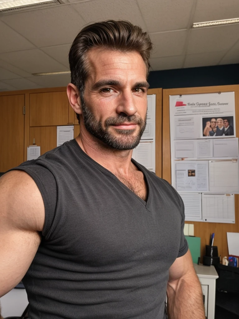 hair, portrait of a ruggedly handsome gentleman, muscular, half body, masculine, mature, Retrato de un joven, Muscular very handsome and attractive italian men, A 40 years old male, Retrato de un joven, real, ( Man in the office ), business black shirt 