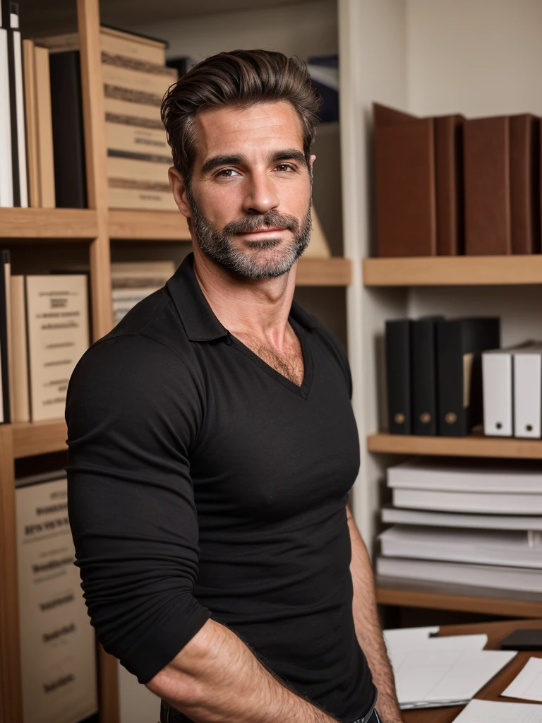 hair, portrait of a ruggedly handsome gentleman, muscular, half body, masculine, mature, Retrato de un joven, Muscular very handsome and attractive italian men, A 40 years old male, Retrato de un joven, real, ( Man in the office ), business black shirt 