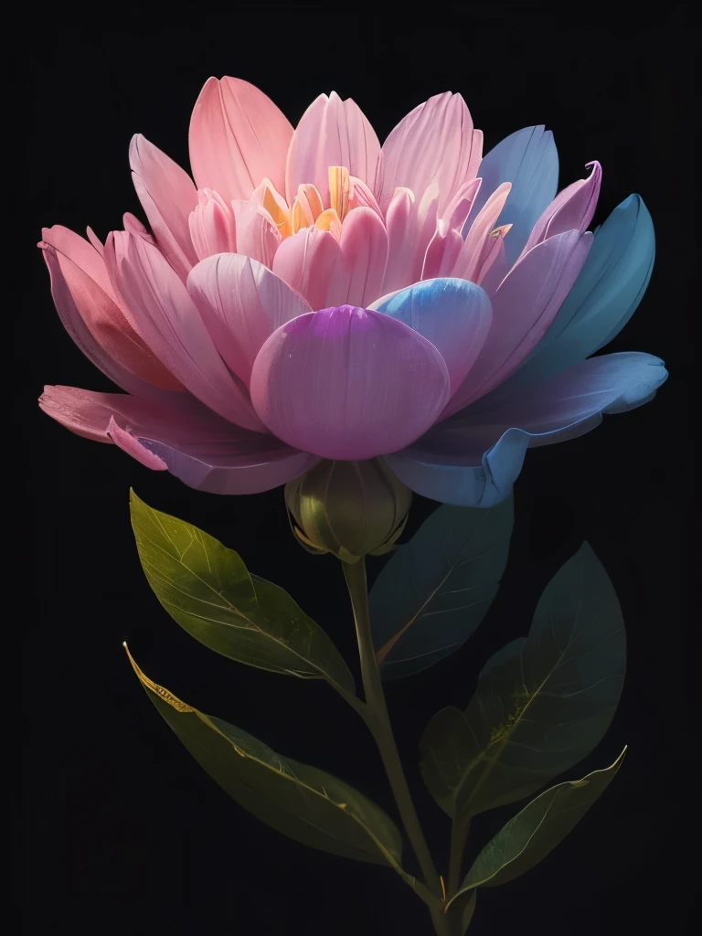 a purple flower with blue and pink flowers on a dark background, 🌺 cgsociety, glowing flowers, blue and pink colors, magical flowers, magical colorful flowers, wow it is beautiful, beautiful!!! digital art, beautiful gorgeous digital art, pink and blue colors, beautiful color art!, beautiful!!!!!!!!!, luminous flowers, glowing neon flowers, beautiful colours, beautiful colors, by Yang J