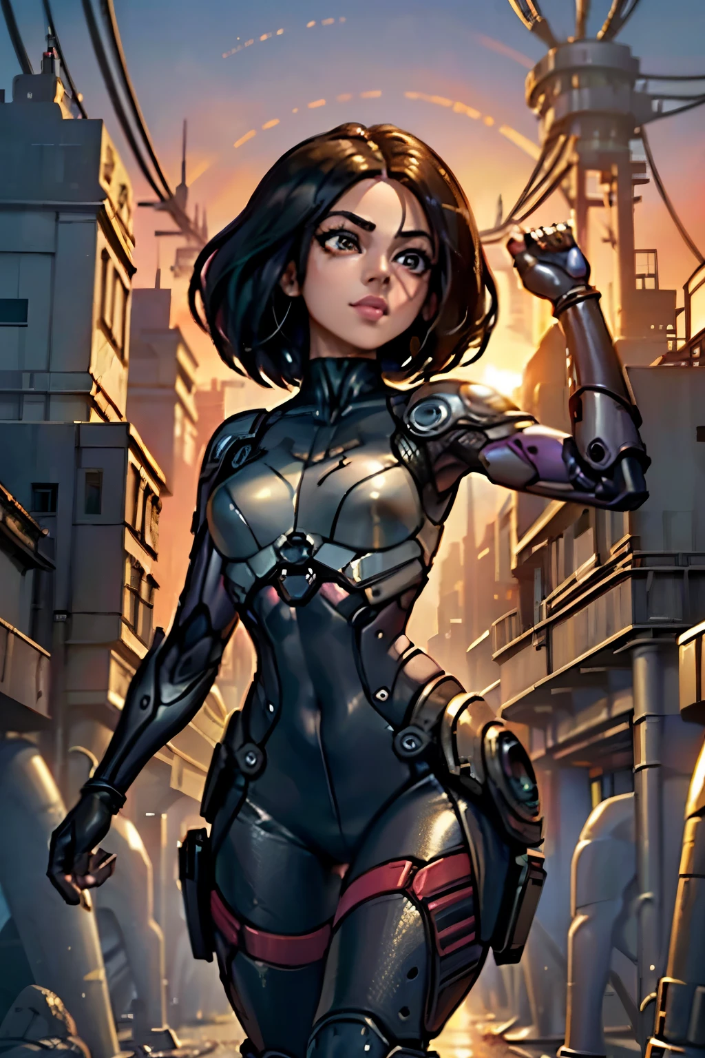 ((ultra quality)), ((Masterpiece artwork)), Alita battle angel, ((blackw, shorth hair)) (Beautiful cute face), (beautiful female lips), enchanting, ((excited expression)), looks at the camera with a gentle smile, eyes are slightly closed, (white skin color), Body shine, ((beautiful detailed female eyes)), ((lightbrown eyes)), (juicy female lips), (beautiful female hands), ((perfect female figure)), perfect female body, beautiful waist, fully body, beautiful thighs, beautiful breasts, ((subtle and beautiful)), he is, (close do rosto), (Alita costume) fund: cyberpunk city, beautiful sunset, ((Depth of field)), ((high quality clear image)), (sharp details), ((highy detailed)), realisitic, professional photo session, ((Focus Clear)), the anime