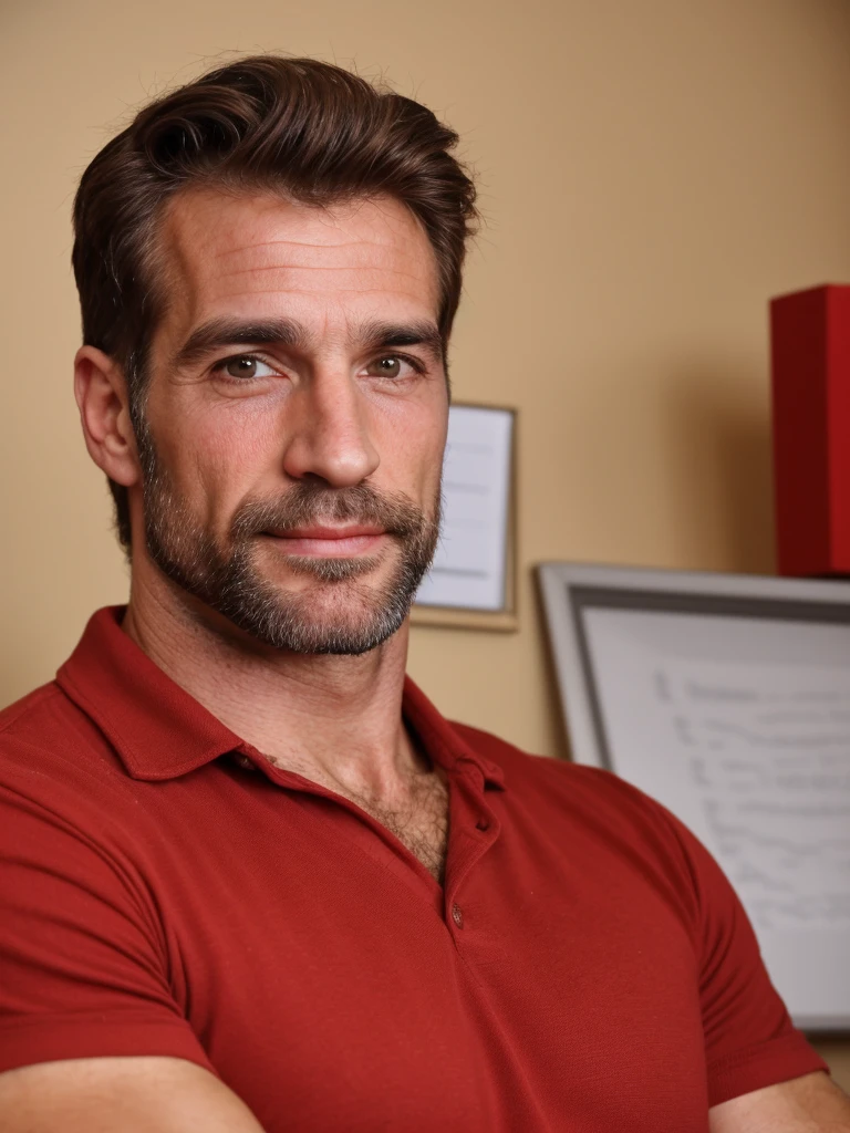 hair, portrait of a ruggedly handsome gentleman, muscular, half body, masculine, mature, Retrato de un joven, Muscular very handsome and attractive italian men, A 40 years old male, Retrato de un joven, real, ( Man in the office ), business red shirt 