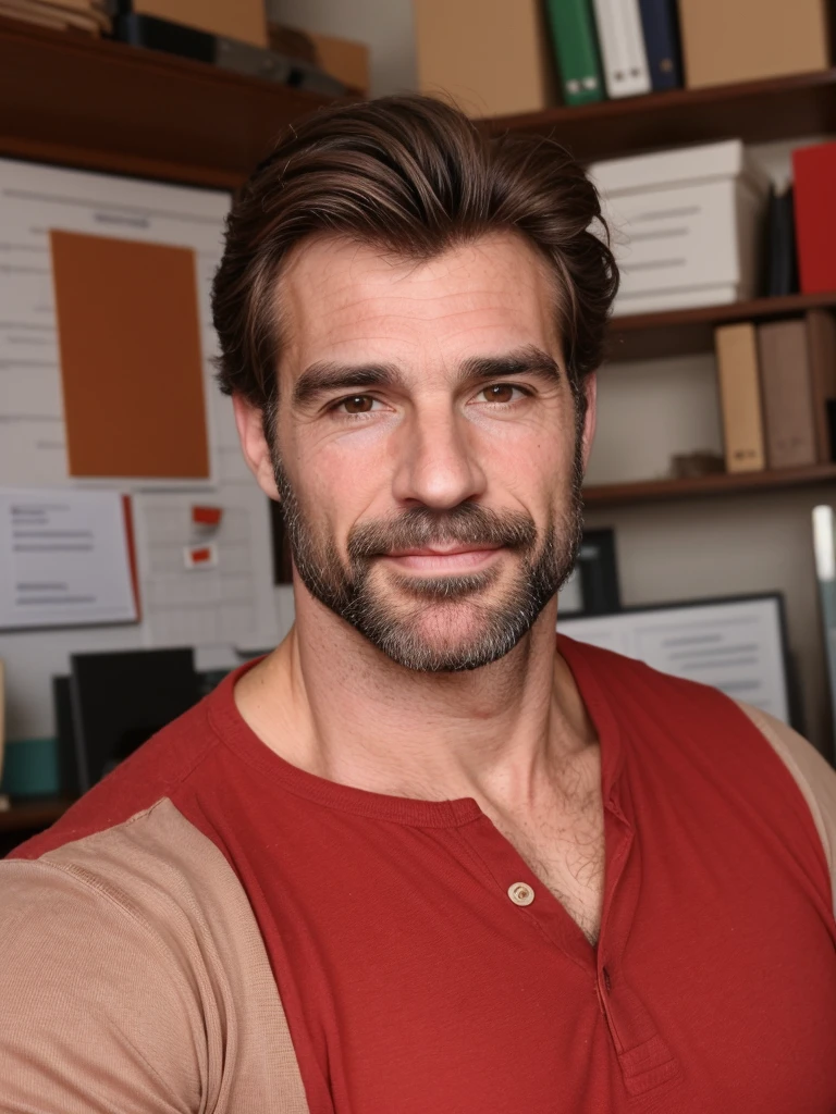 hair, portrait of a ruggedly handsome gentleman, muscular, half body, masculine, mature, Retrato de un joven, Muscular very handsome and attractive italian men, A 40 years old male, Retrato de un joven, real, ( Man in the office ), business red shirt 