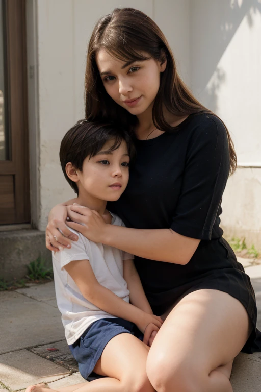 A young boy sitting on his mother's lap in a school, realistic, hyper detailed, high quality, intricate details, masterpiece, photorealistic, extremely detailed face and eyes, beautiful detailed lips, long eyelashes, tender expression, warm lighting, soft colors, intimate embrace, outdoor scene, plush bedding, sunlight filtering through windows, main focus mother and son, 1 woman has big thighs, mother and son's close relationship, where's the young boy at?, younger brother, shorts, skirt