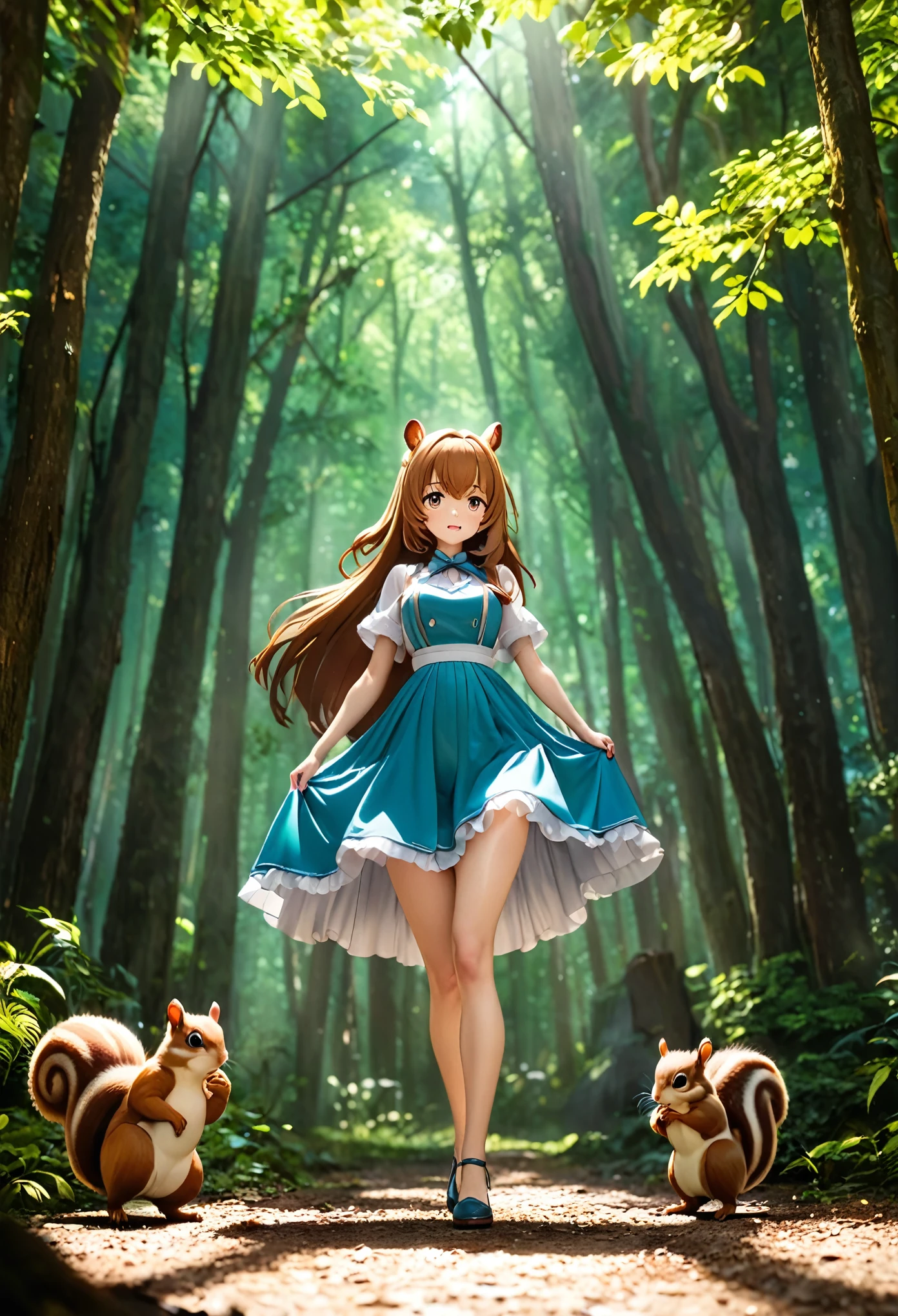 masterpiece, Highest quality, anime, highly, Perfect lighting, whole body,Girl in the forest, squirrel'tail, squirrel ears, white だress, White knee socks, beret,Browsing Caution、naked、Browsing Caution、Missionary sex