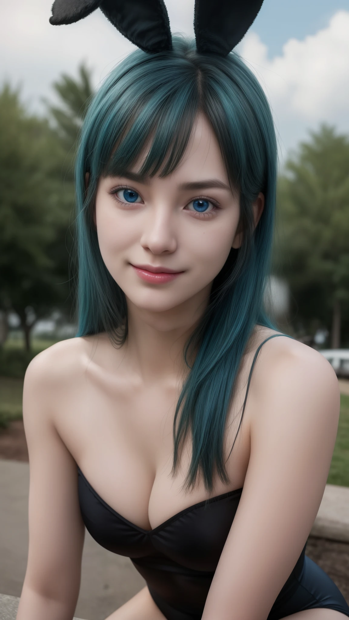 bulma, 1girl, solo, blue eyes, blue hair, aqua hair, long hair, bangs, straight hair, 
playboy bunny, black leotard, strapless leotard, cleavage, bare shoulders, purple pantyhose, red bowtie, wrist cuffs, rabbit ears, rabbit tail, 
smile,closed mouth,cowboy shot,
city ,outdoor,
(insanely detailed, beautiful detailed face, masterpiece, best quality) cinematic lighting, (photo realistic:1.4), (hyper realistic:1.4), (realistic:1.3), (smoother lighting:1.05), (increase cinematic lighting quality:0.9), 32K, 1girl,20yo girl, realistic skin