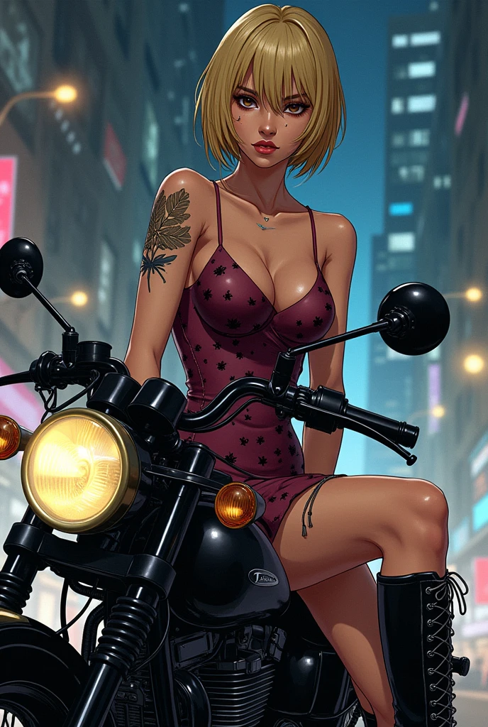 Busty white girl riding a sleek ninja bike, (hot), bimbo, ((beautiful)), (attractive), luscious brown hair, perfect feminine form, perfect sexy proportions, feminine, smooth shiny skin, enthusiastic, wearing a motorbike helmet, bike visor up, full body shot, side view, side angle, black frilly choker, ornate silver jewelry, micro leather bomber jacked, exposed navel, micro high rise thong, small waist, sexy hips, voluptuous round shapely ass, fully exposed butt cheeks, voluptuous round breasts, underboob, sexy thighs, hip cleavage, max detail, max quality, (((photorealistic))), (detailed), (pristine clarity), ethereal