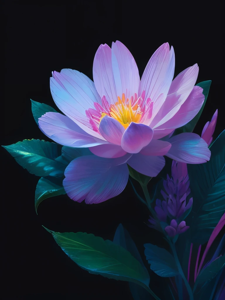 a purple flower with blue and pink flowers on a dark background, 🌺 cgsociety, glowing flowers, blue and pink colors, magical flowers, magical colorful flowers, wow it is beautiful, beautiful!!! digital art, beautiful gorgeous digital art, pink and blue colors, beautiful color art!, beautiful!!!!!!!!!, luminous flowers, glowing neon flowers, beautiful colours, beautiful colors, by Yang J