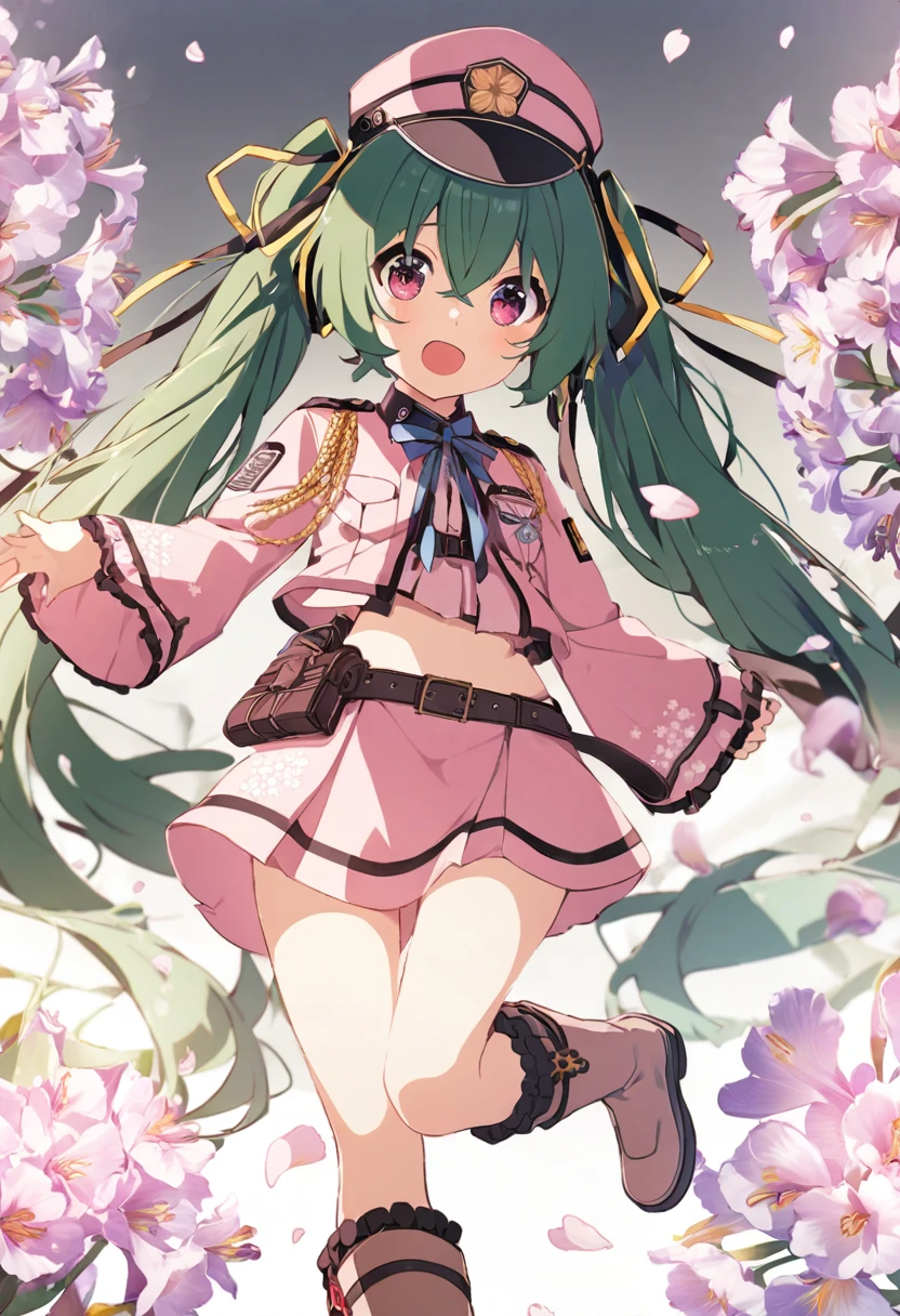 nisoku_hokou_(vocaloid) project_diva_(series) vocaloid hatsune_miku commentary glaze_artifacts highres 1girl black_skirt bless_you_(module) flower green_eyes green_hair hair_between_eyes hair_flower hair_ornament long_hair looking_at_viewer lying navel on_back open_mouth red_thighhighs skirt solo thighhighs twintails very_long_hair white_flower nipples torn_closes