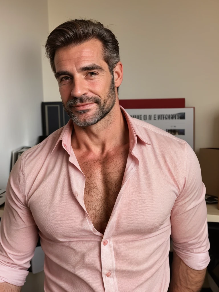 hair, portrait of a ruggedly handsome gentleman, muscular, half body, masculine, mature, Retrato de un joven, Muscular very handsome and attractive italian men, A 40 years old male, Retrato de un joven, real, ( Man in the office ), business red and white shirt 