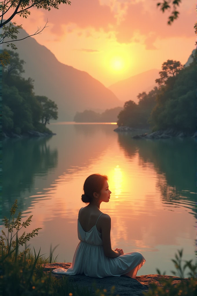 A woman filmed with her back facing the sunrise in a meditative position with nature and a calm lake around her, the woman is sitting on a rug and a cushion on a wooden pier, a color palette s]in shades of blue and yellow.. ultra realistic image,