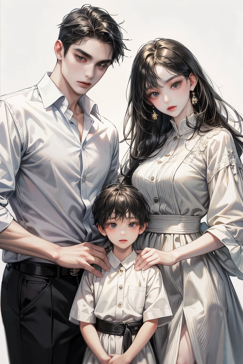 A man with short black hair and a woman with long brown hair and glasses holding a baby girl,Family of three,