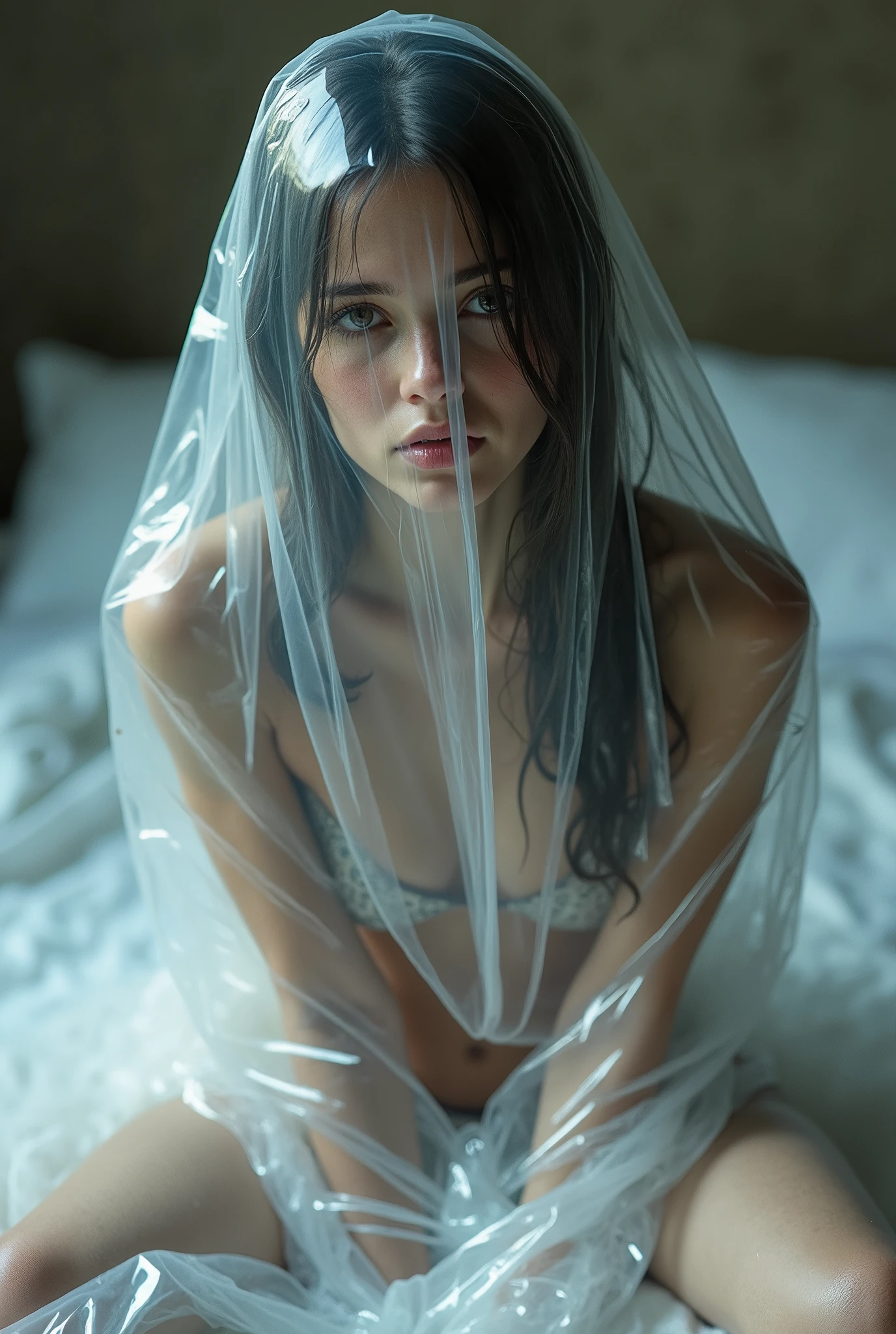 a woman in a white underwear standing covered in plastic, covered in transparent cloth, wearing translucent sheet, in plastic, draped in transparent cloth, wet drapery, plastic wrap, translucent body, wet fabric, cracked plastic wrap, dressed in plastic bags