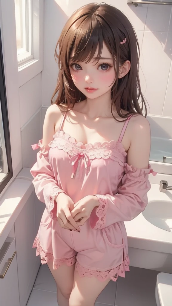 Girl standing in front of bathroom mirror、Selfie，bright light、Sexy and cute lace thin shoulder pajamas 