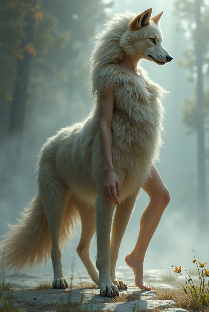 naked Wolf girl full face wolf skin wolf hair white and yellow breast ass