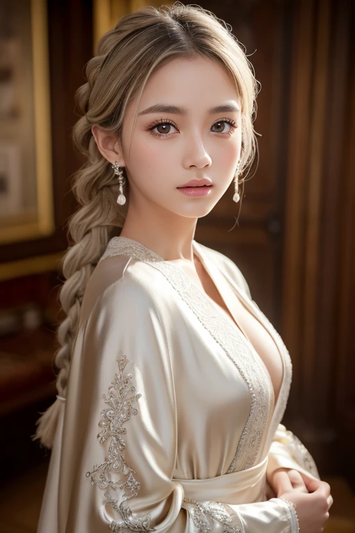 (best quality, masterpiece:1.2), Ultra-high resolution, Practical, Front lighting, Intricate details, Exquisite details and textures, 1 Girl, Solitary ,(young), Facial highlights, Upper Body, Delicate face, Tear mole, White skin, Silver Hair, Ponytail, Braided hair, Looking at the audience, big eyes, silk robe, (Hollow pattern, White, silk), earrings, Small Breasts, slim, VIP room, Professional lighting, Photon Mapping, Radiosity, Physically Based Rendering,