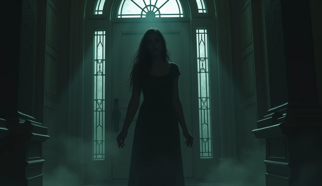 A terrified young woman standing frozen in the middle of the haunted mansion's dark room, her eyes wide with fear. Behind her, a large, dark, humanoid shadow slowly creeps closer. The room is filled with a cold mist, and old portraits on the walls seem to stare directly at her. A flickering candle on a table casts eerie, distorted shadows.