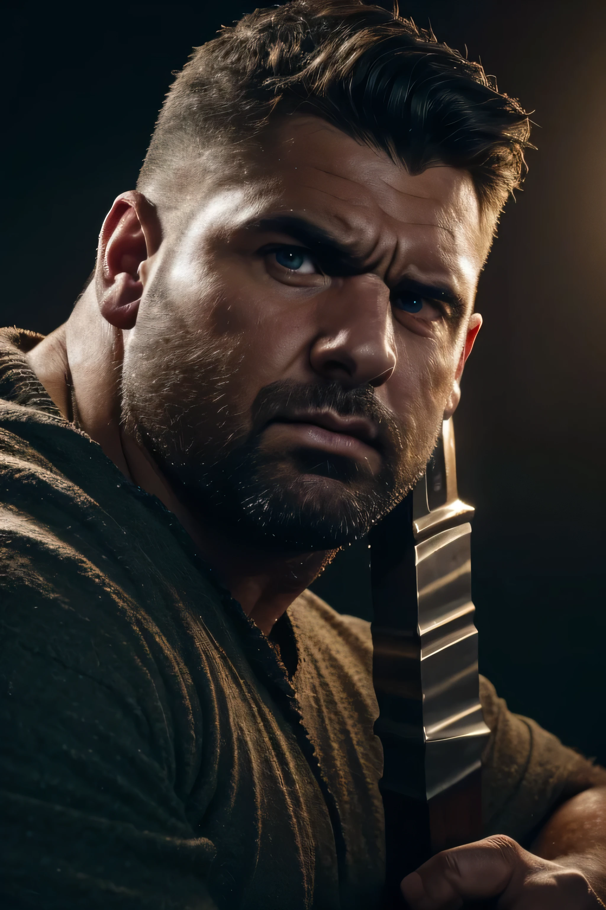 (8k. hyper-realistic. high definition) headshot. handsome chubby man. scruffy face. holding a great sword covering half of his face. staring intensely at the camera. frowning. dark background. dramatic lighting. blurred background. close-up shot.