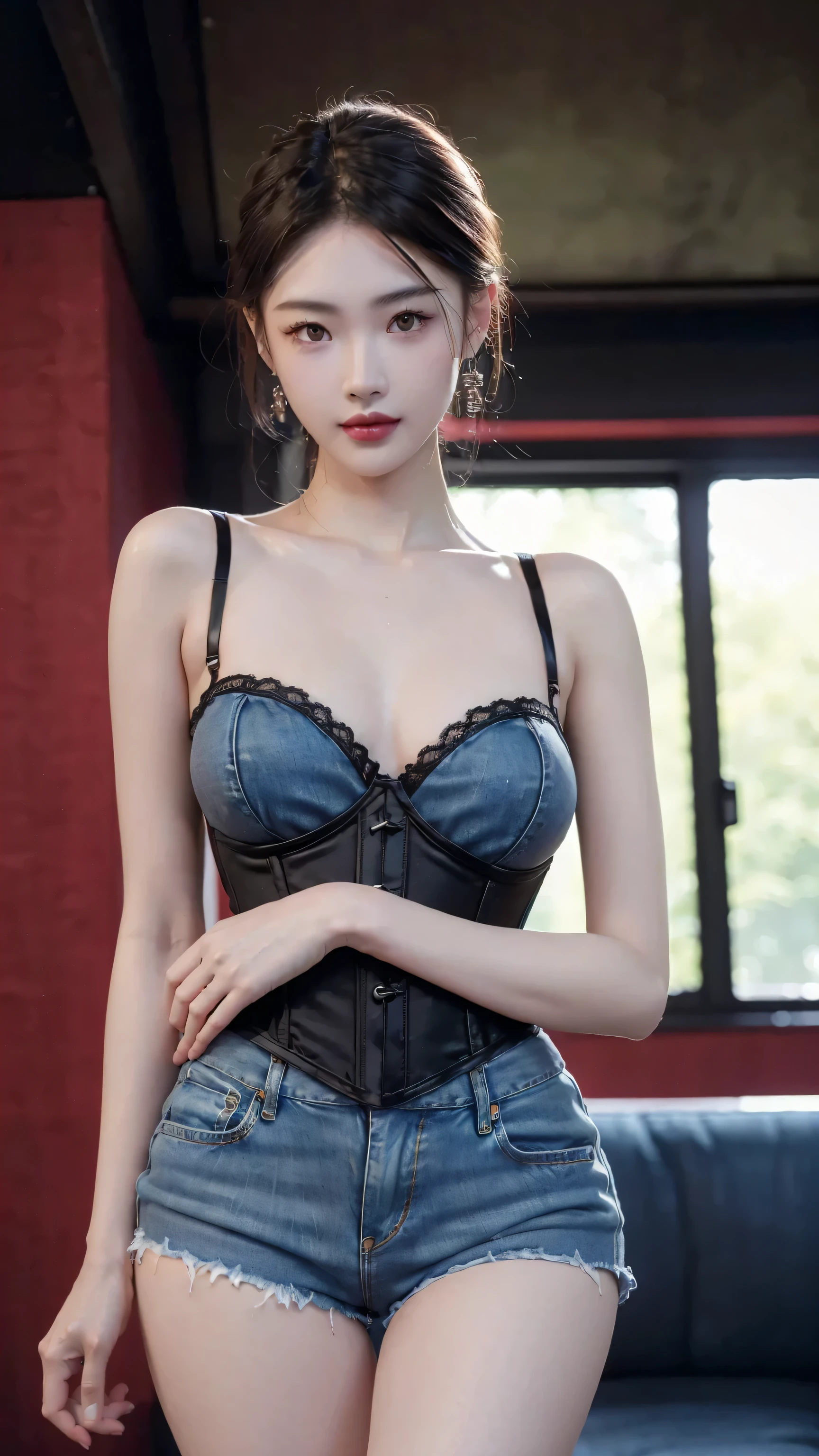 ((RAW photograph, Realistic photo, Best quality, 8K, Masterpiece: 1.3)), (raw photo:1.2), Hyperrealist portrait gorgeous Beautiful Chinese girl, young girl, 20 years old, pretty slender body, (beautiful breast: 1.2), very detailed eyes and face, (lustfully naughty face, crimson red lip, heavy makeup: 1.3, blushing), beautiful detailed eyes, seductive sharp eyes, (charming smile: 1.2), smooth white skin, photo realistic, very detailed faces, ((modern black lace corset lingerie, black denim shorts)), (long legs: 1.2, beautiful long nails), chignon hairstyle, ((standing poses)), (home living room background)