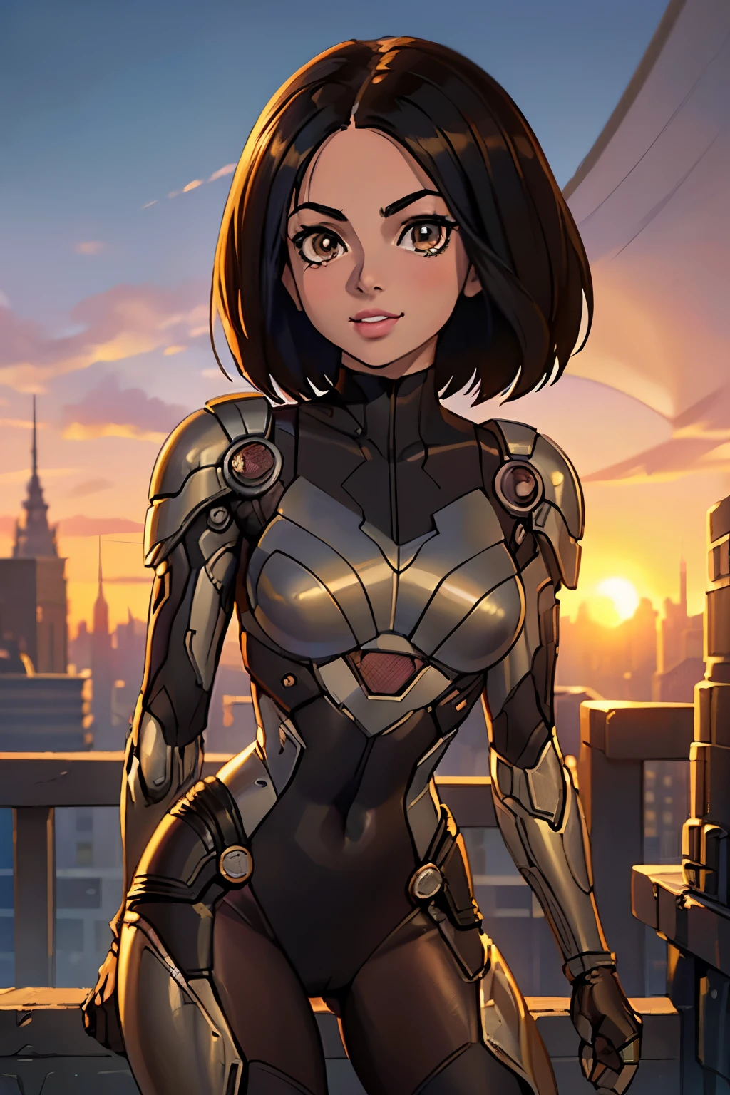 ((ultra quality)), ((Masterpiece artwork)), Alita battle angel, ((blackw, shorth hair)) (Beautiful cute face), (beautiful female lips), enchanting, ((excited expression)), looks at the camera with a gentle smile, eyes are slightly closed, (white skin color), Body shine, ((beautiful detailed female eyes)), ((lightbrown eyes)), (juicy female lips), (beautiful female hands), ((perfect female figure)), perfect female body, beautiful waist, fully body, beautiful thighs, beautiful breasts, ((subtle and beautiful)), he is, (close do rosto), (Alita costume) fund: cyberpunk city, beautiful sunset, ((Depth of field)), ((high quality clear image)), (sharp details), ((highy detailed)), realisitic, professional photo session, ((Focus Clear)), the anime