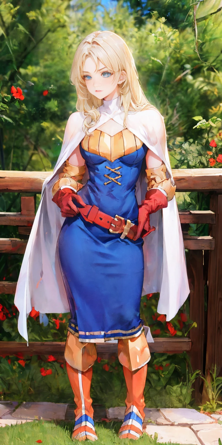 (masterpiece, best quality), 1girl,  KnightFFT, long hair, blonde hair, blue eyes, cape, armor, blue dress, belt, gloves, boots