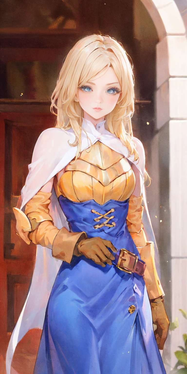 (masterpiece, best quality), 1girl,  KnightFFT, long hair, blonde hair, blue eyes, cape, armor, blue dress, belt, gloves, boots