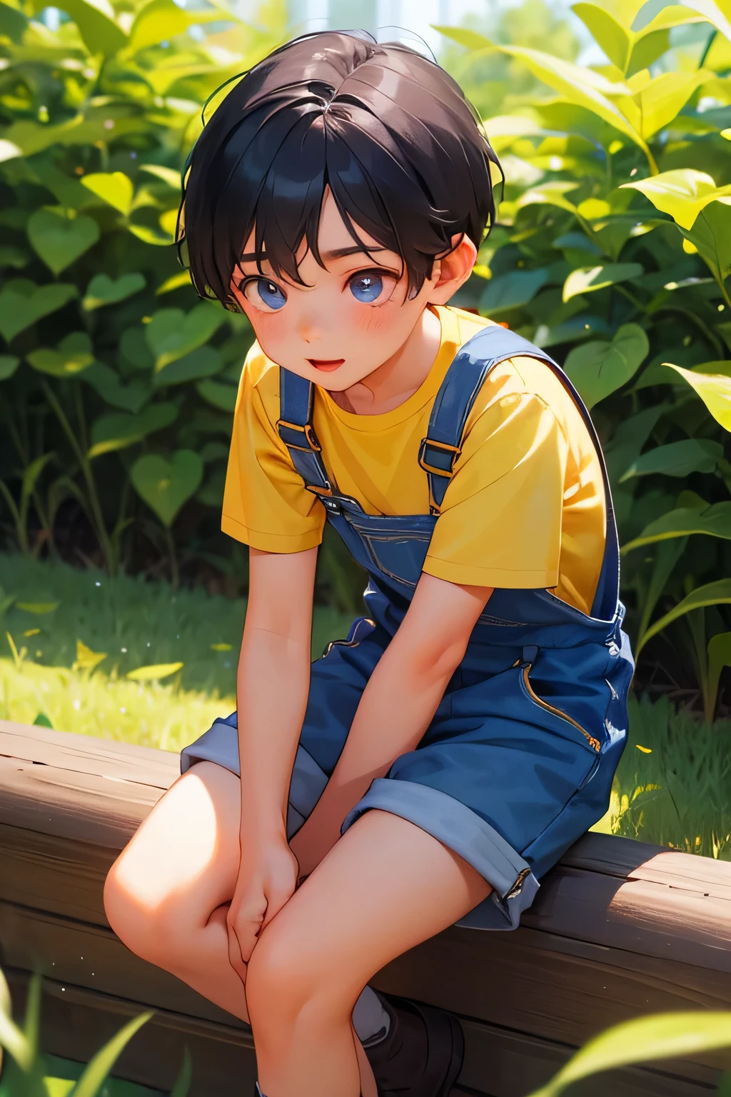 1boy, young little british boy in overalls with shorts and a yellow shirt underneath, bending on knee poses, glowing blue eyes, outdoor, close-up, cutest 