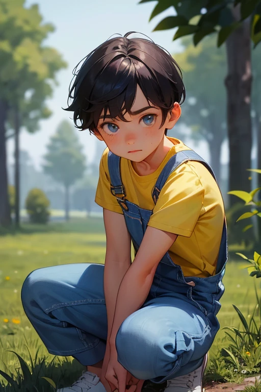 1boy, ************ british boy in overalls with shorts and a yellow shirt underneath, dynamic knee poses, glowing blue eyes, outdoor, close-up