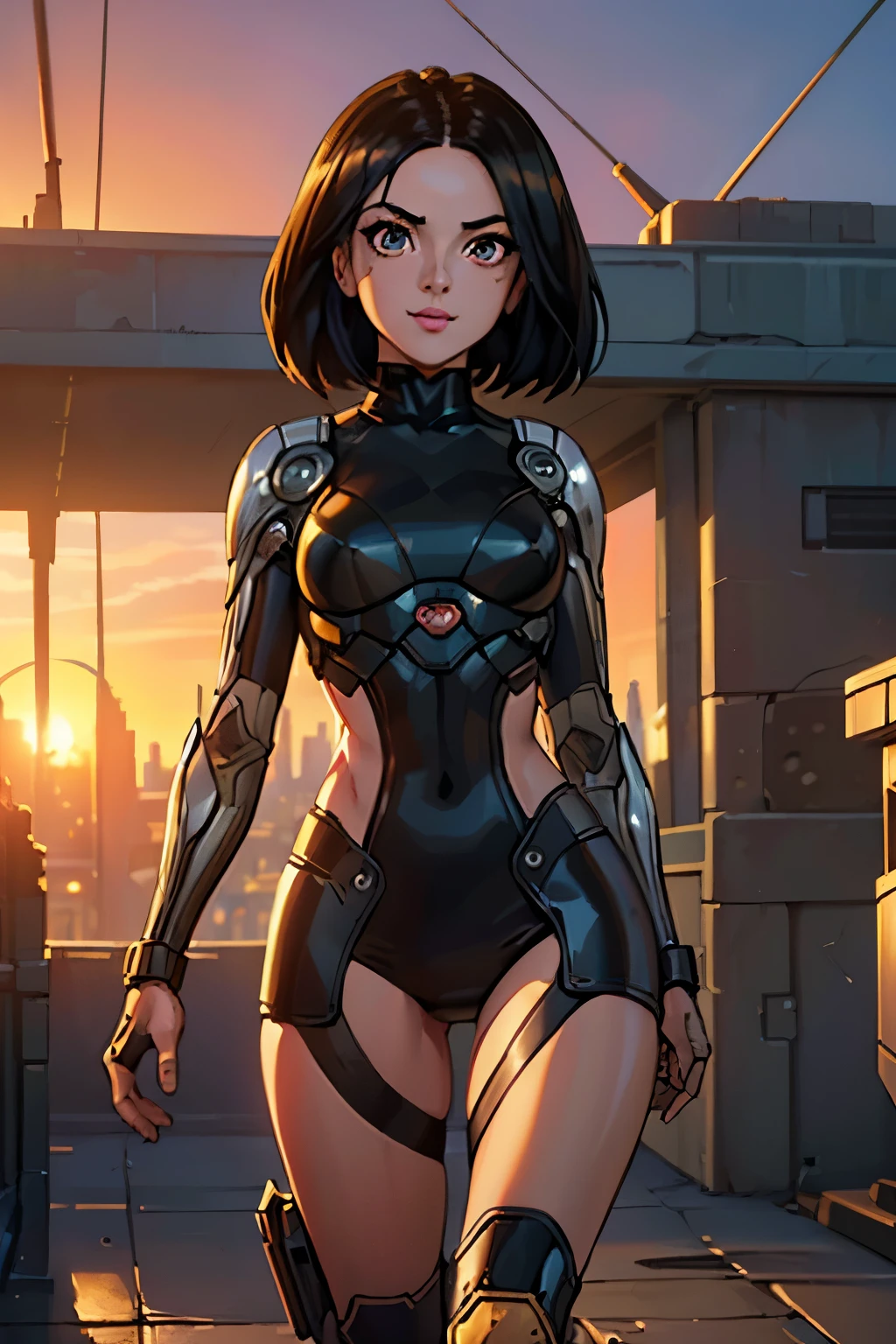 ((ultra quality)), ((Masterpiece artwork)), Alita battle angel, ((blackw, shorth hair)) (Beautiful cute face), (beautiful female lips), enchanting, ((excited expression)), looks at the camera with a gentle smile, eyes are slightly closed, (white skin color), Body shine, ((beautiful detailed female eyes)), ((lightbrown eyes)), (juicy female lips), (beautiful female hands), ((perfect female figure)), perfect female body, beautiful waist, fully body, beautiful thighs, beautiful breasts, ((subtle and beautiful)), he is, (close do rosto), (Alita costume) fund: cyberpunk city, beautiful sunset, ((Depth of field)), ((high quality clear image)), (sharp details), ((highy detailed)), realisitic, professional photo session, ((Focus Clear)), the anime