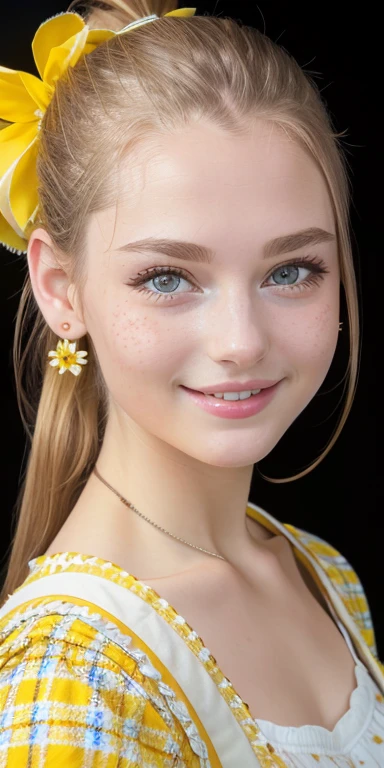 Photo of a  European girl, .RAW, beautiful woman, (Light brown hair ponytail) Ponytail hairstyle, yellow hair band, blue eyes , freckles on cheeks , Metal braces on the teeth , Nice smile , big smile , ((portrait)), ((detailed face:1.2)), ((detailed facial features)), (finely detailed skin), Pale skin,white short sleeve shirt with pink flower , medium breasts 、Yellow skirt with plaid pictures ,skirt with plaid patterns, flower buckle 、a sexy one(cool color), humid, humid, Reflectors, (Tabletop) (perfect proportions)(Realistic photos)(The best quality) (detailed) photographed with a Canon EOS R5, 50mm lens, f/2.8, NffSW, (8k) (wallpaper) (cinematic lighting) (Dramatic lighting) (sharp focus) (Convoluted) fashion, scenery , reflector light , Holding wooden doll