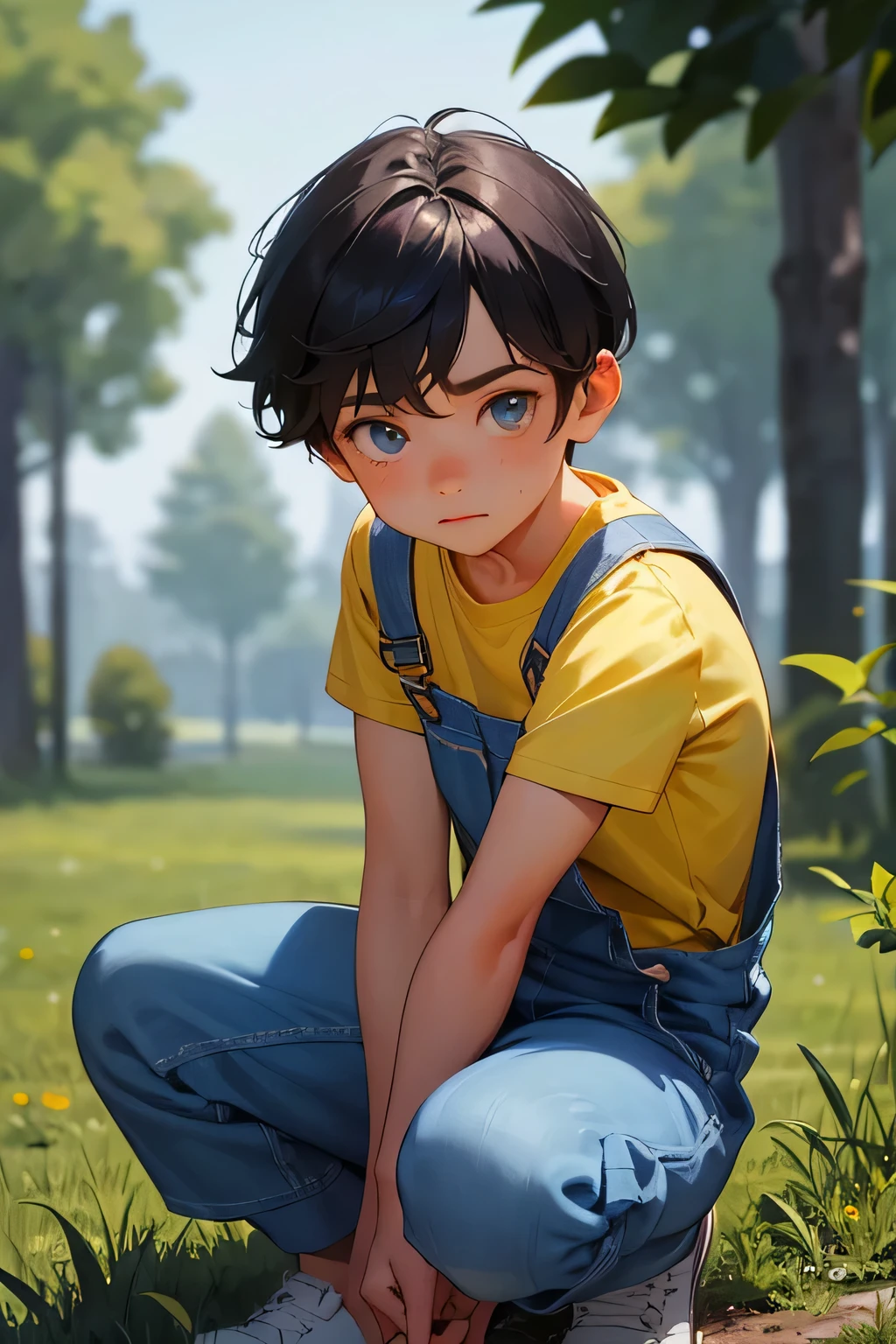 1boy,  british boy in overalls with shorts and a yellow shirt underneath, dynamic knee poses, glowing blue eyes, outdoor, close-up