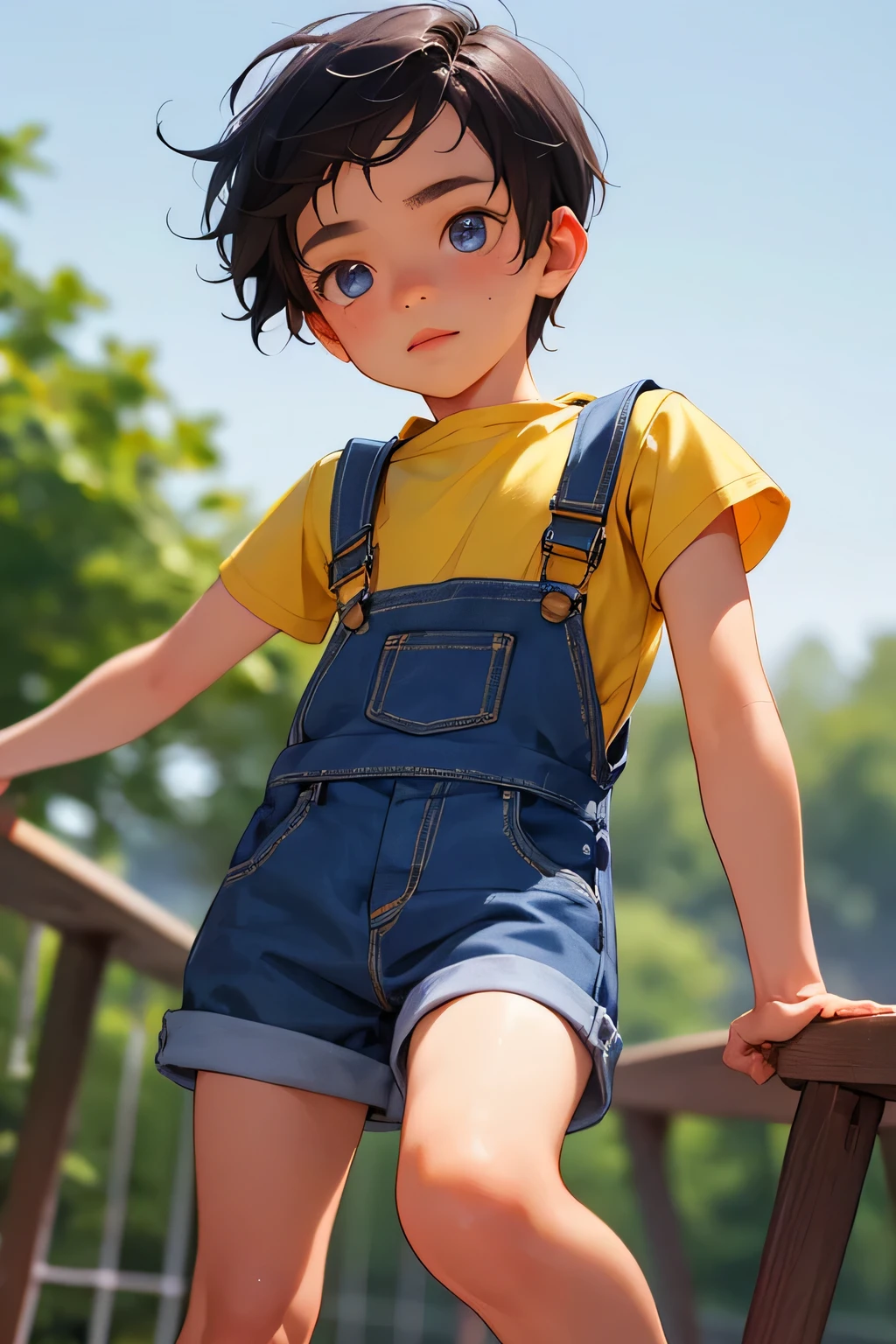 1boy,  british boy in overalls with shorts and a yellow shirt underneath, dynamic knee poses, glowing blue eyes, outdoor, close-up