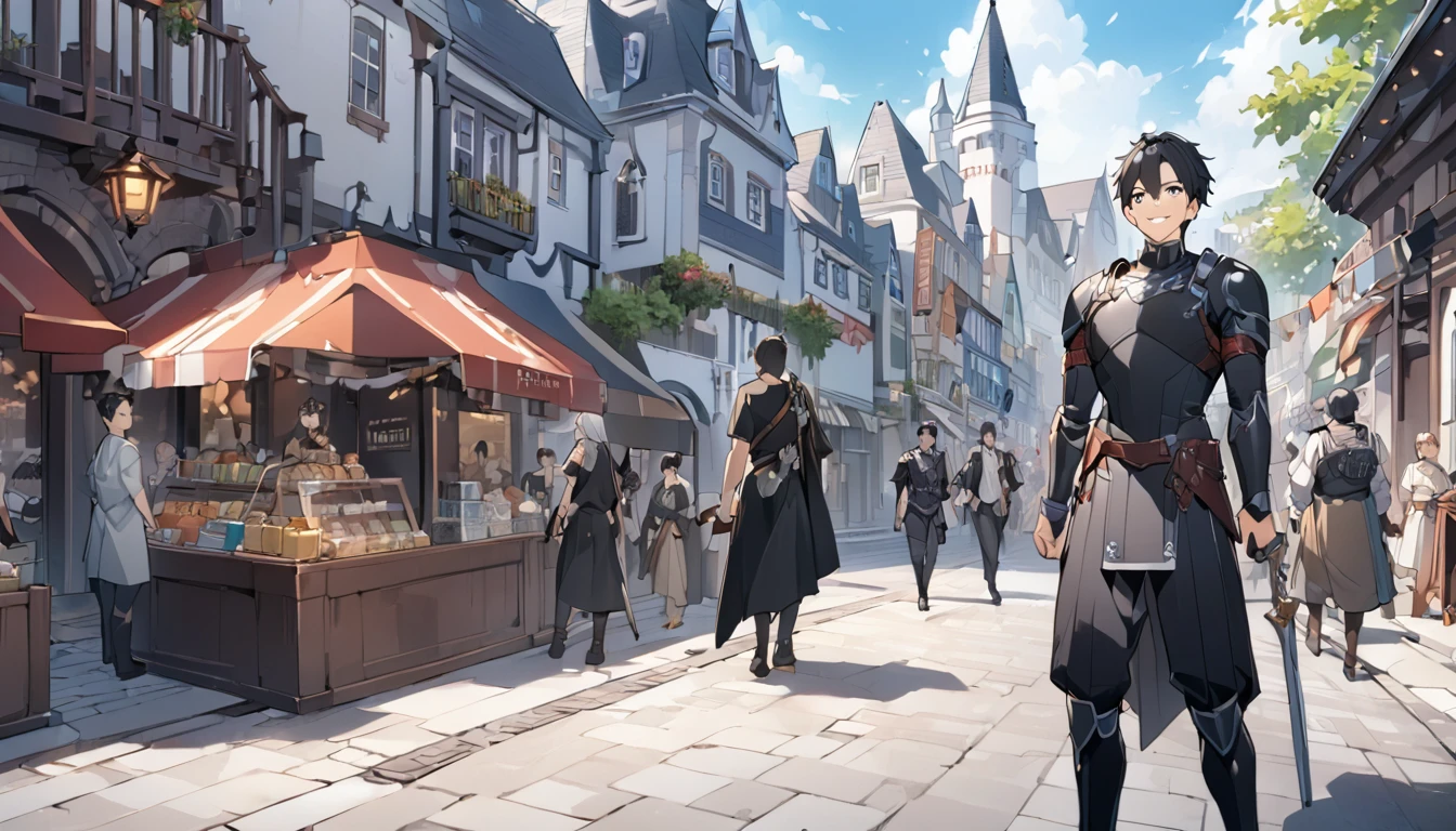 Castle town shopping district,A big smile,male,Brave,Black Hair,Two-Way,Black Armor,Masterpiece,Anime illustration